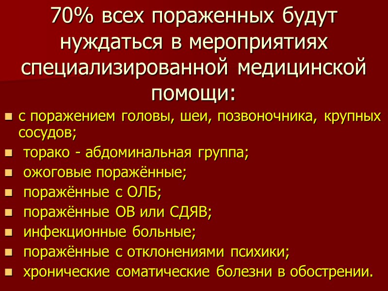 70% всех пораженных будут нуждаться в мероприятиях специализированной медицинской помощи: с поражением головы, шеи,